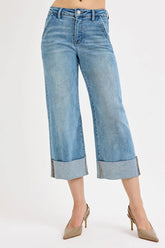 Tummy Control High Rise Ankle Wide Cuffed Jeans With Plus Size Risen MEDIUM 0
